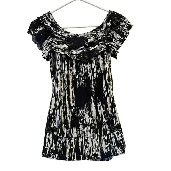 Milano Black White Patterned Silk Ruffle Blouse - Picture 3 of 4